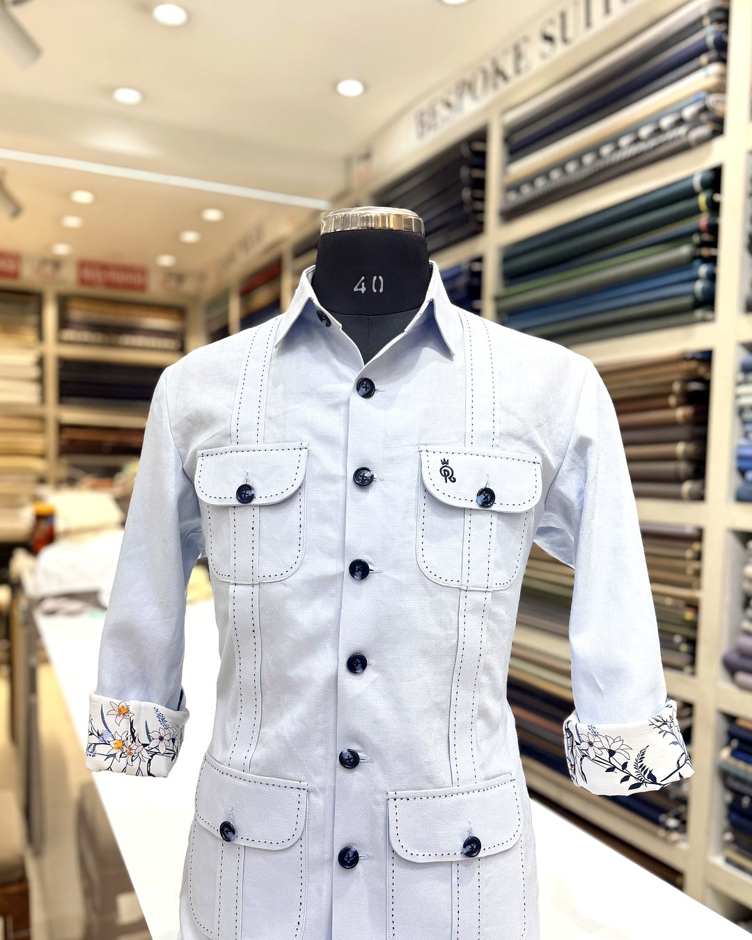 Sky Blue Pure Linen Safari Shirt – Contrast Rice Stitching & Floral Cuff Detail