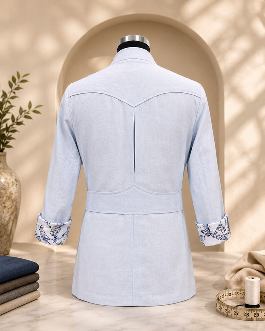 Sky Blue Pure Linen Safari Shirt – Contrast Rice Stitching & Floral Cuff Detail
