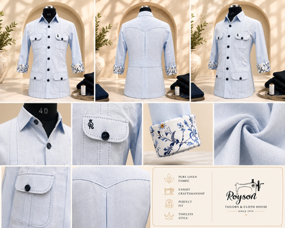 Sky Blue Pure Linen Safari Shirt – Contrast Rice Stitching & Floral Cuff Detail