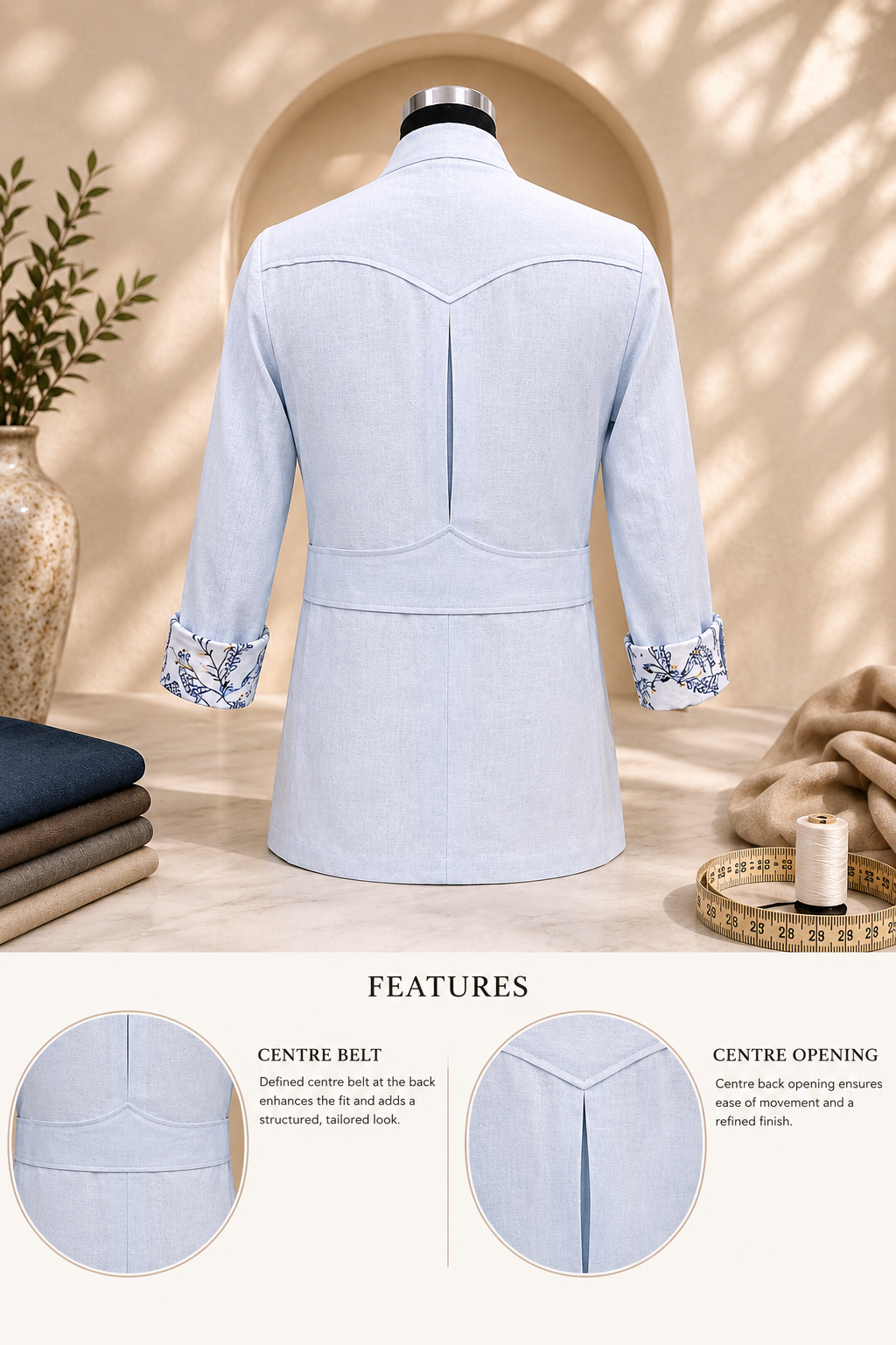 Sky Blue Pure Linen Safari Shirt – Contrast Rice Stitching & Floral Cuff Detail