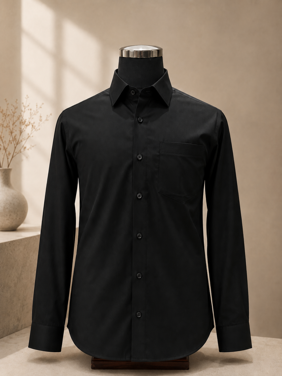 Premium black cotton lycra formal shirt for men by Royson Tailors featuring a classic spread collar, full sleeves, chest pocket and comfortable stretch fabric.