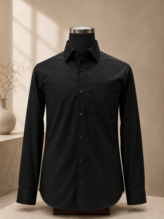 Premium black cotton lycra formal shirt for men by Royson Tailors featuring a classic spread collar, full sleeves, chest pocket and comfortable stretch fabric.