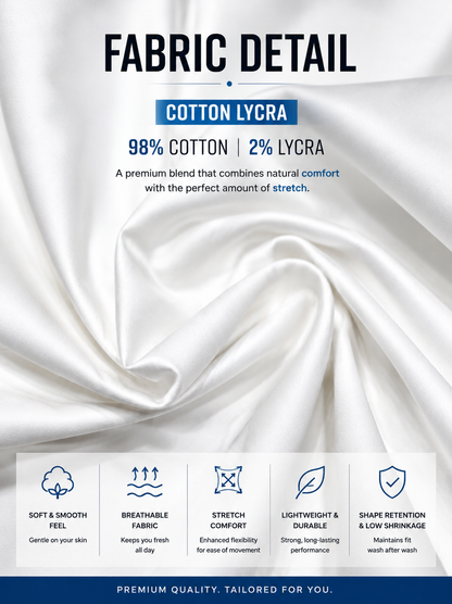 A fabric detail graphic showing draped white satin-like material with text reading 'COTTON LYCRA', '98% COTTON | 2% LYCRA', and several feature callouts about softness, breathability, stretch, weight, and shape retention.