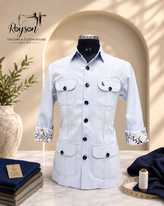 Sky Blue Pure Linen Safari Shirt – Contrast Rice Stitching & Floral Cuff Detail